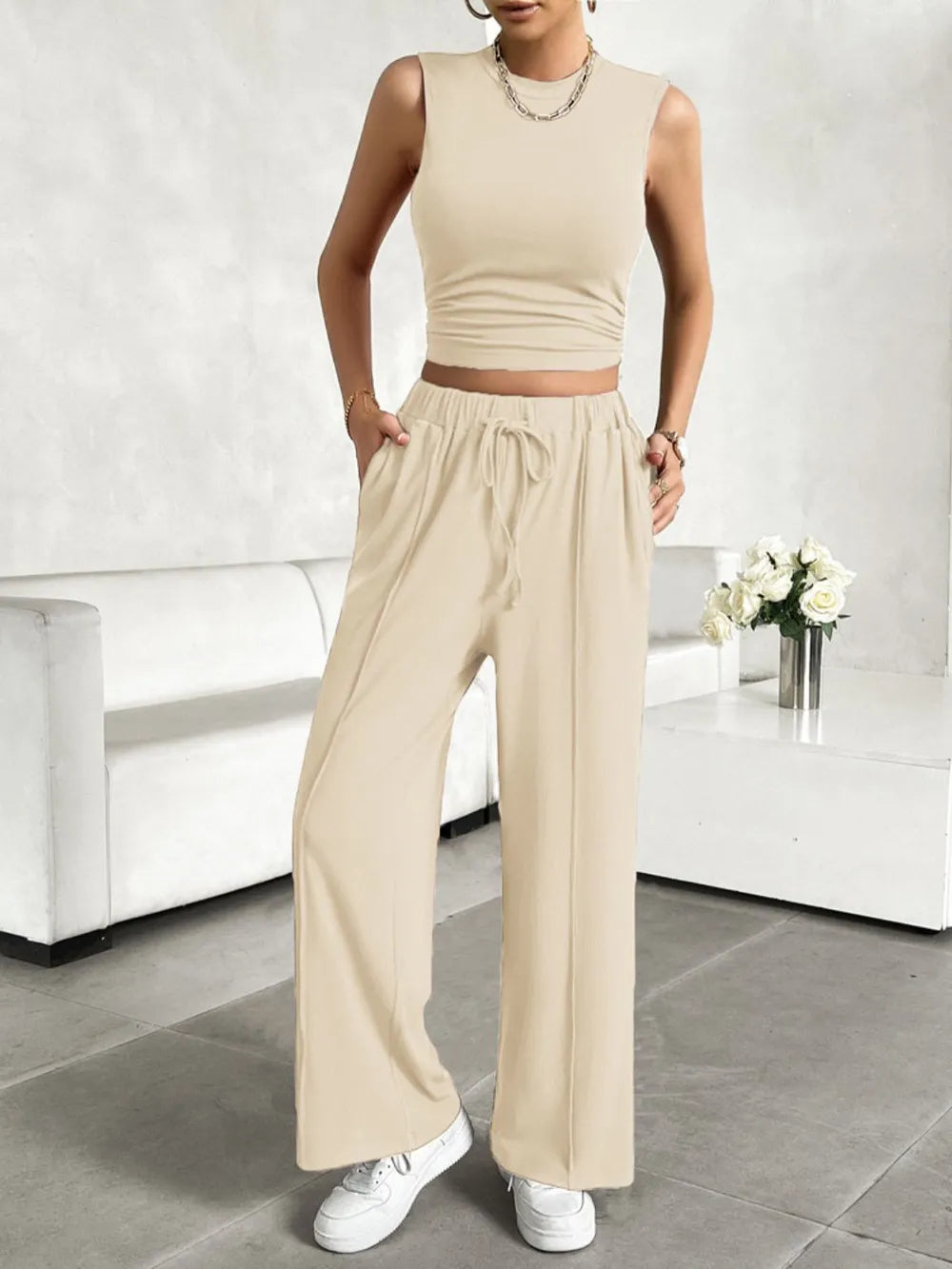 Devine Mock Neck Sleeveless Top and Drawstring Pants Set - Velora Luxury Fashion