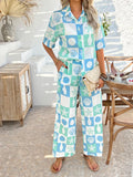 Devine Printed Collared Neck Half Sleeve Top and Pants Set - Velora Luxury Fashion