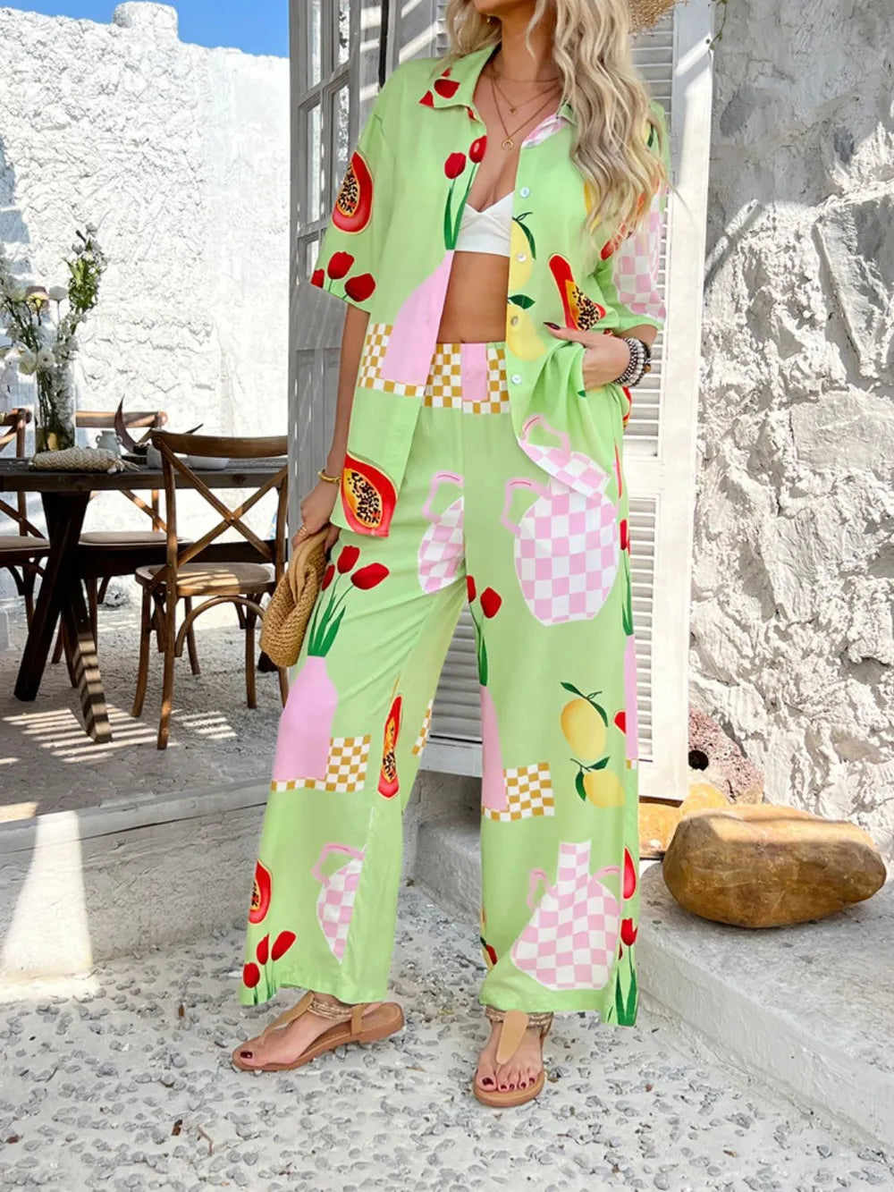 Devine Printed Collared Neck Half Sleeve Top and Pants Set - Velora Luxury Fashion