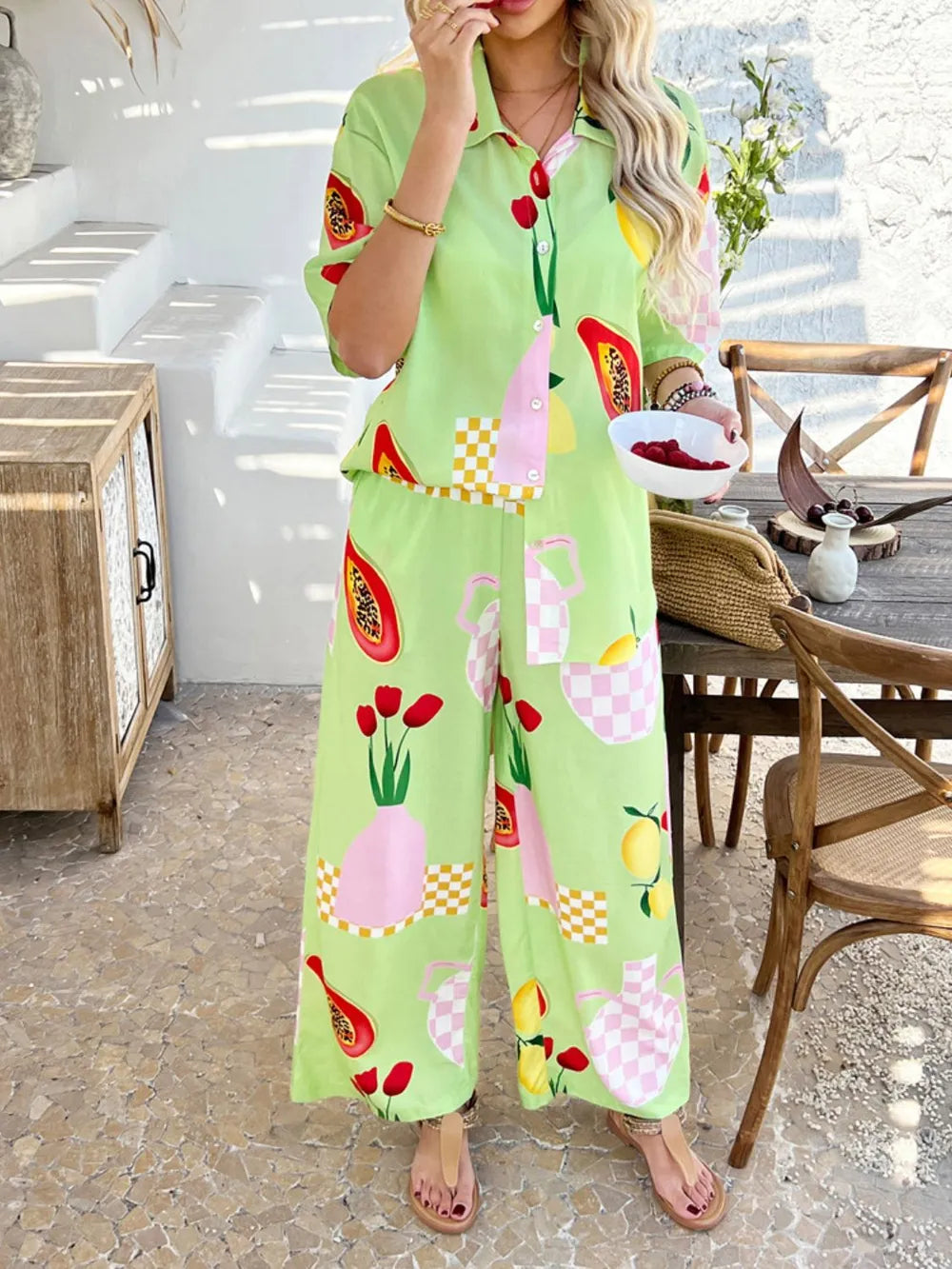 Devine Printed Collared Neck Half Sleeve Top and Pants Set - Velora Luxury Fashion