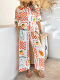 Devine Printed Collared Neck Half Sleeve Top and Pants Set - Velora Luxury Fashion