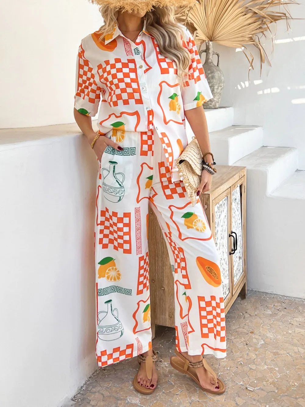 Devine Printed Collared Neck Half Sleeve Top and Pants Set - Velora Luxury Fashion