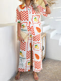 Devine Printed Collared Neck Half Sleeve Top and Pants Set - Velora Luxury Fashion