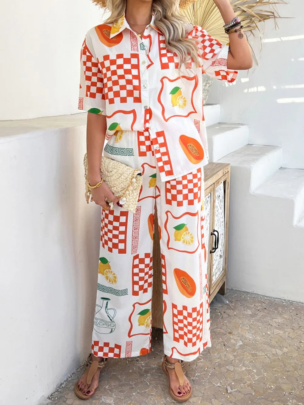 Devine Printed Collared Neck Half Sleeve Top and Pants Set - Velora Luxury Fashion