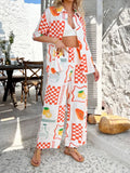 Devine Printed Collared Neck Half Sleeve Top and Pants Set - Velora Luxury Fashion