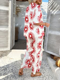 Devine Printed Collared Neck Half Sleeve Top and Pants Set - Velora Luxury Fashion