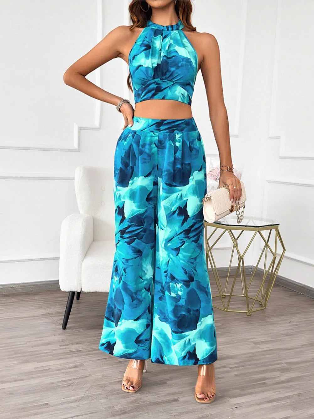 Devine Printed Halter Neck Top and Pants Set - Velora Luxury Fashion