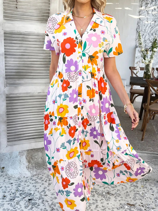 Devine Printed Johnny Collar Button Down Short Sleeve Midi Shirt Dress - Velora Luxury Fashion