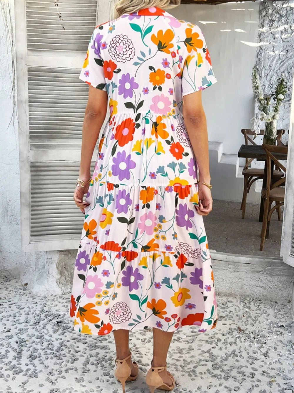 Devine Printed Johnny Collar Button Down Short Sleeve Midi Shirt Dress - Velora Luxury Fashion