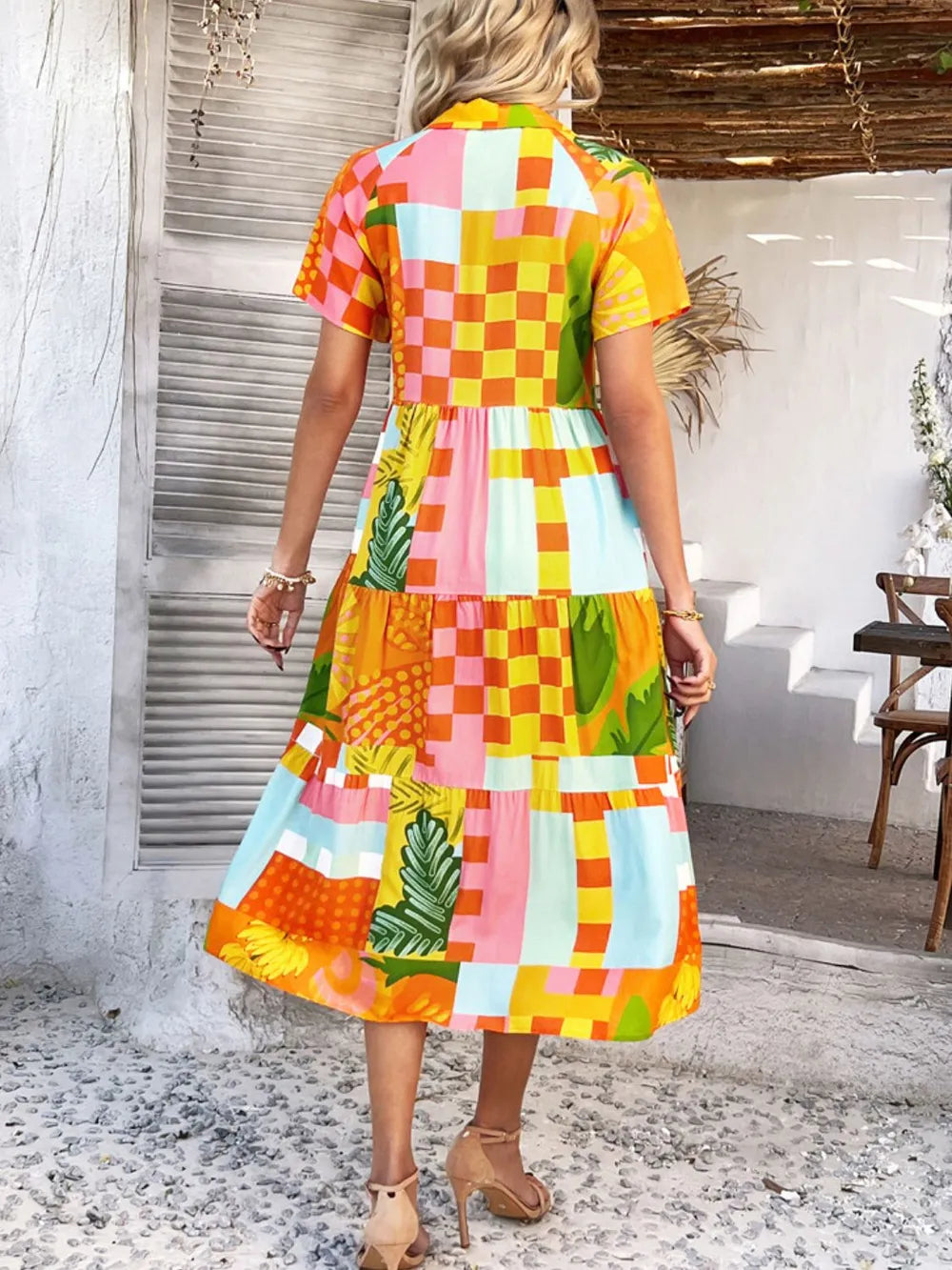 Devine Printed Johnny Collar Button Down Short Sleeve Midi Shirt Dress - Velora Luxury Fashion