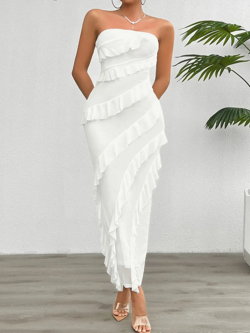 Devine Ruffled Slit Back Tube Maxi Dress - Velora