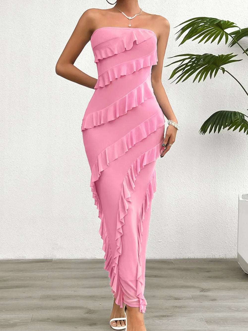 Devine Ruffled Slit Back Tube Maxi Dress - Velora Luxury Fashion