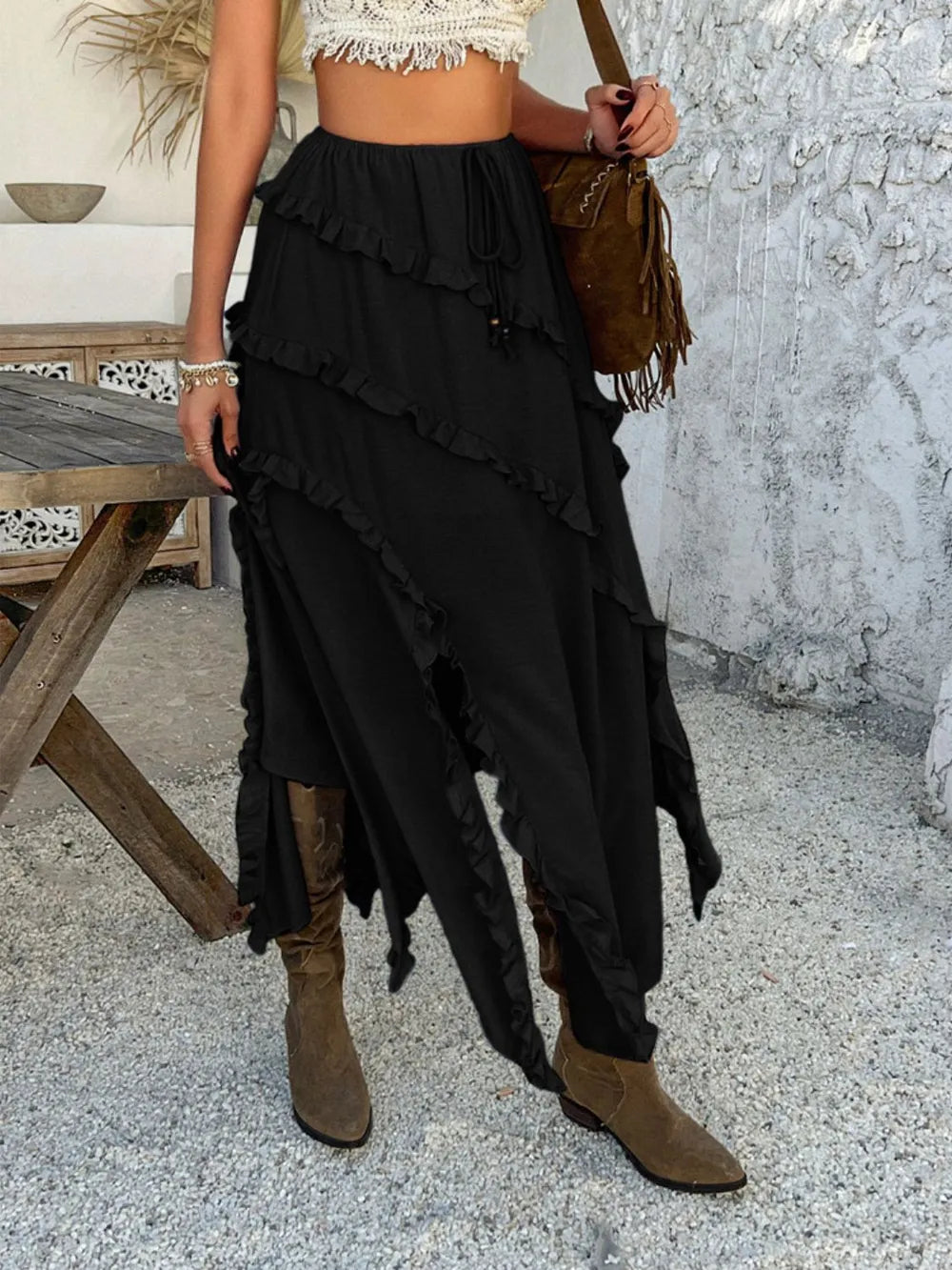 Devine Slit Drawstring Ruffled Skirt - Velora Luxury Fashion