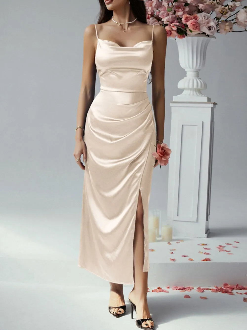 Devine Slit Ruched Maxi Cami Dress - Velora