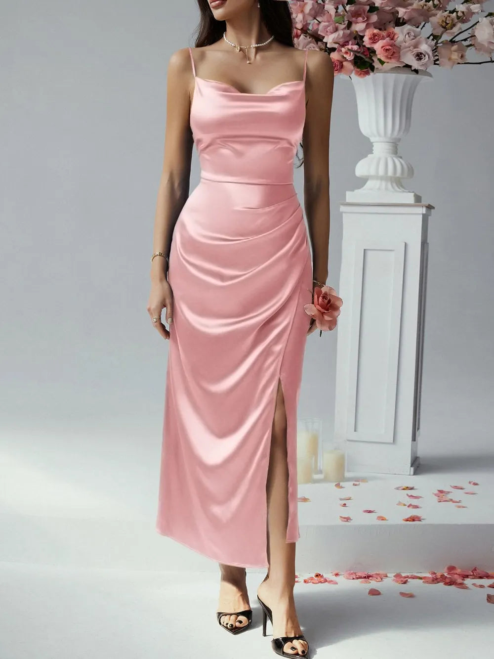 Devine Slit Ruched Maxi Cami Dress - Velora