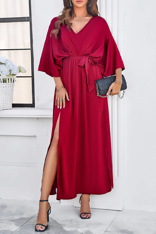 Devine Slit Tied V-Neck Three-Quarter Sleeve Dress - Velora Luxury Fashion