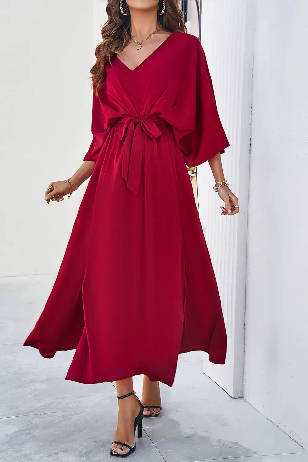 Devine Slit Tied V-Neck Three-Quarter Sleeve Dress - Velora Luxury Fashion