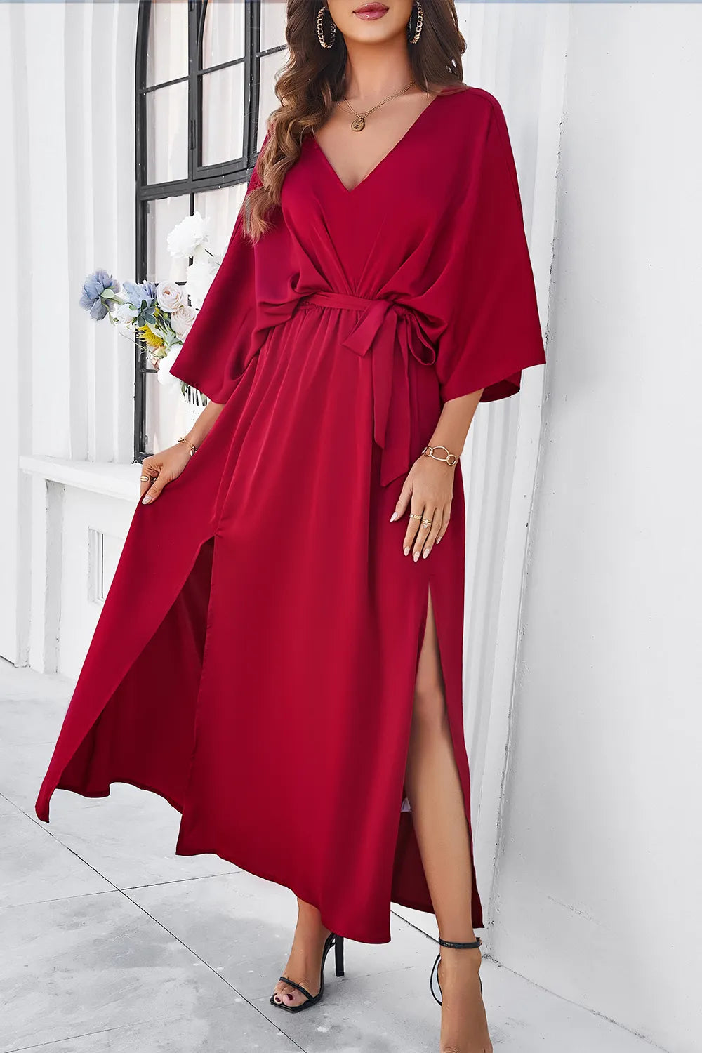 Devine Slit Tied V-Neck Three-Quarter Sleeve Dress - Velora Luxury Fashion