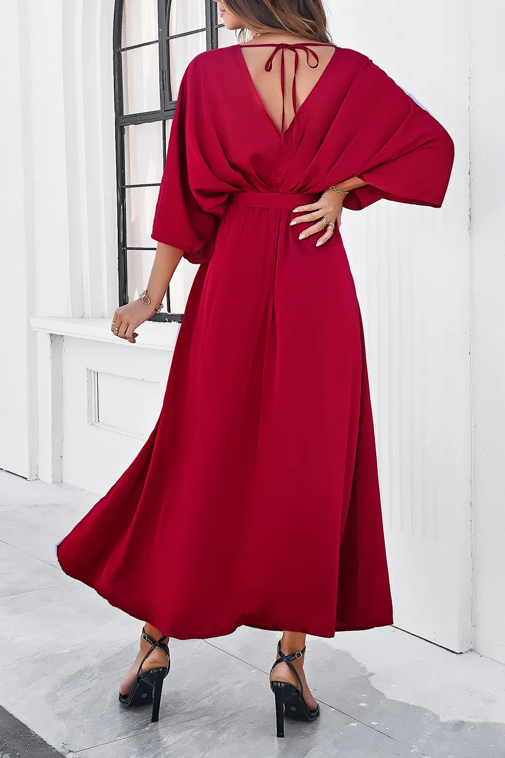 Devine Slit Tied V-Neck Three-Quarter Sleeve Dress - Velora Luxury Fashion