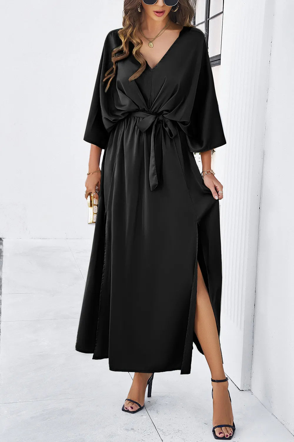 Devine Slit Tied V-Neck Three-Quarter Sleeve Dress - Velora Luxury Fashion