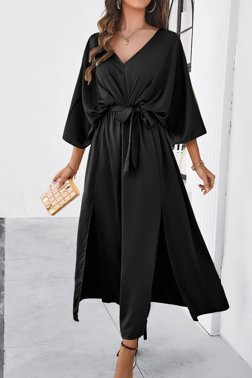 Devine Slit Tied V-Neck Three-Quarter Sleeve Dress - Velora Luxury Fashion