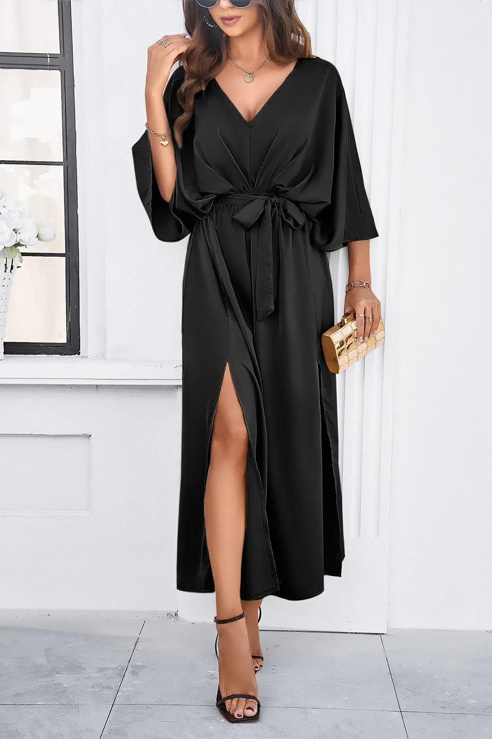 Devine Slit Tied V-Neck Three-Quarter Sleeve Dress - Velora Luxury Fashion