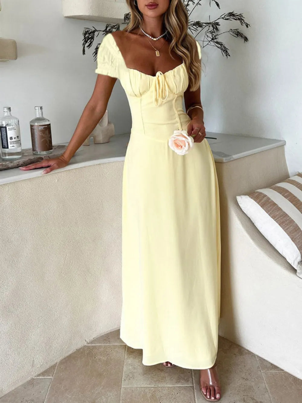 Devine Sweetheart Neck Short Sleeve Maxi Dress - Velora Luxury Fashion