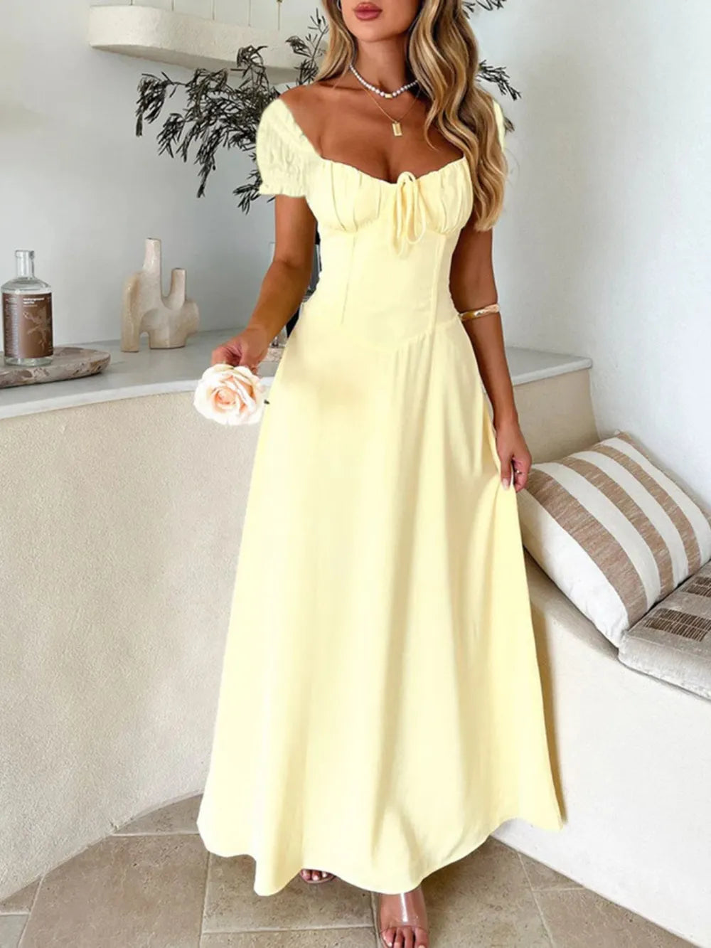Devine Sweetheart Neck Short Sleeve Maxi Dress - Velora Luxury Fashion
