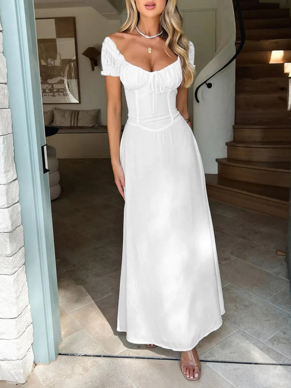 Devine Sweetheart Neck Short Sleeve Maxi Dress - Velora Luxury Fashion