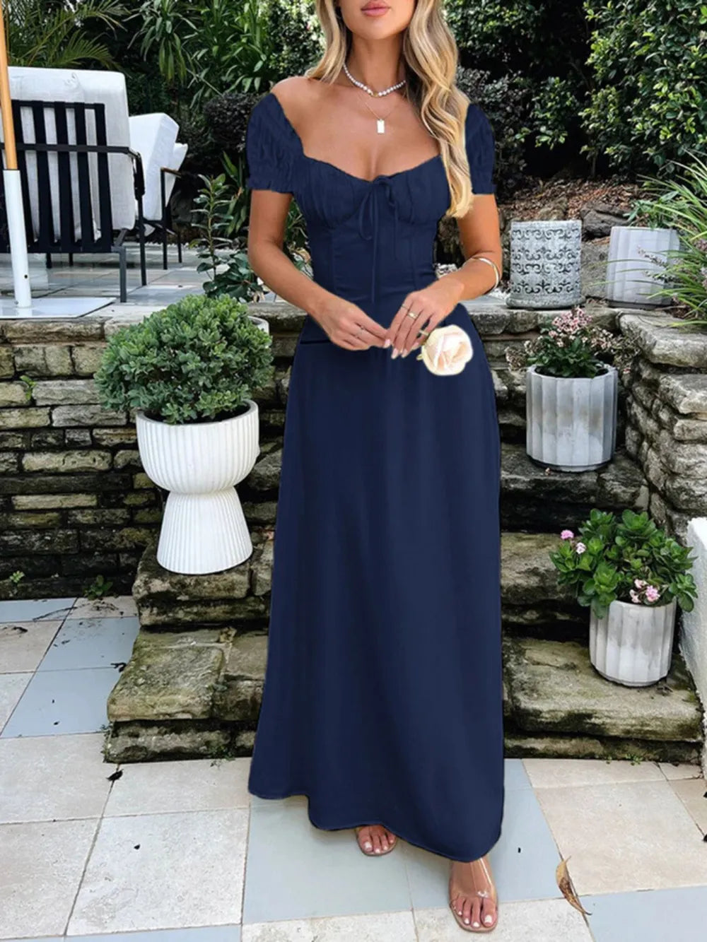 Devine Sweetheart Neck Short Sleeve Maxi Dress - Velora Luxury Fashion