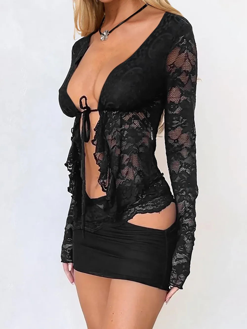 Devine Tied Front Ruffled Long Sleeve Lace Shirt - Velora Luxury Fashion