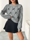 Diamond Pattern Bow Detail Sweater - Velora Luxury Fashion