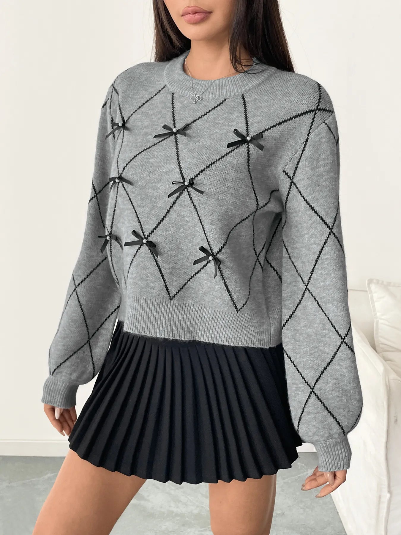 Diamond Pattern Bow Detail Sweater - Velora Luxury Fashion