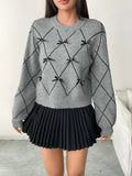 Diamond Pattern Bow Detail Sweater - Velora Luxury Fashion