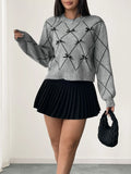 Diamond Pattern Bow Detail Sweater - Velora Luxury Fashion