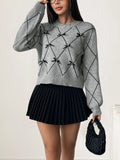 Diamond Pattern Bow Detail Sweater - Velora Luxury Fashion