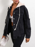Distressed Drawstring Button Up Hooded Denim Jacket - Velora Luxury Fashion
