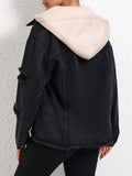 Distressed Drawstring Button Up Hooded Denim Jacket - Velora Luxury Fashion
