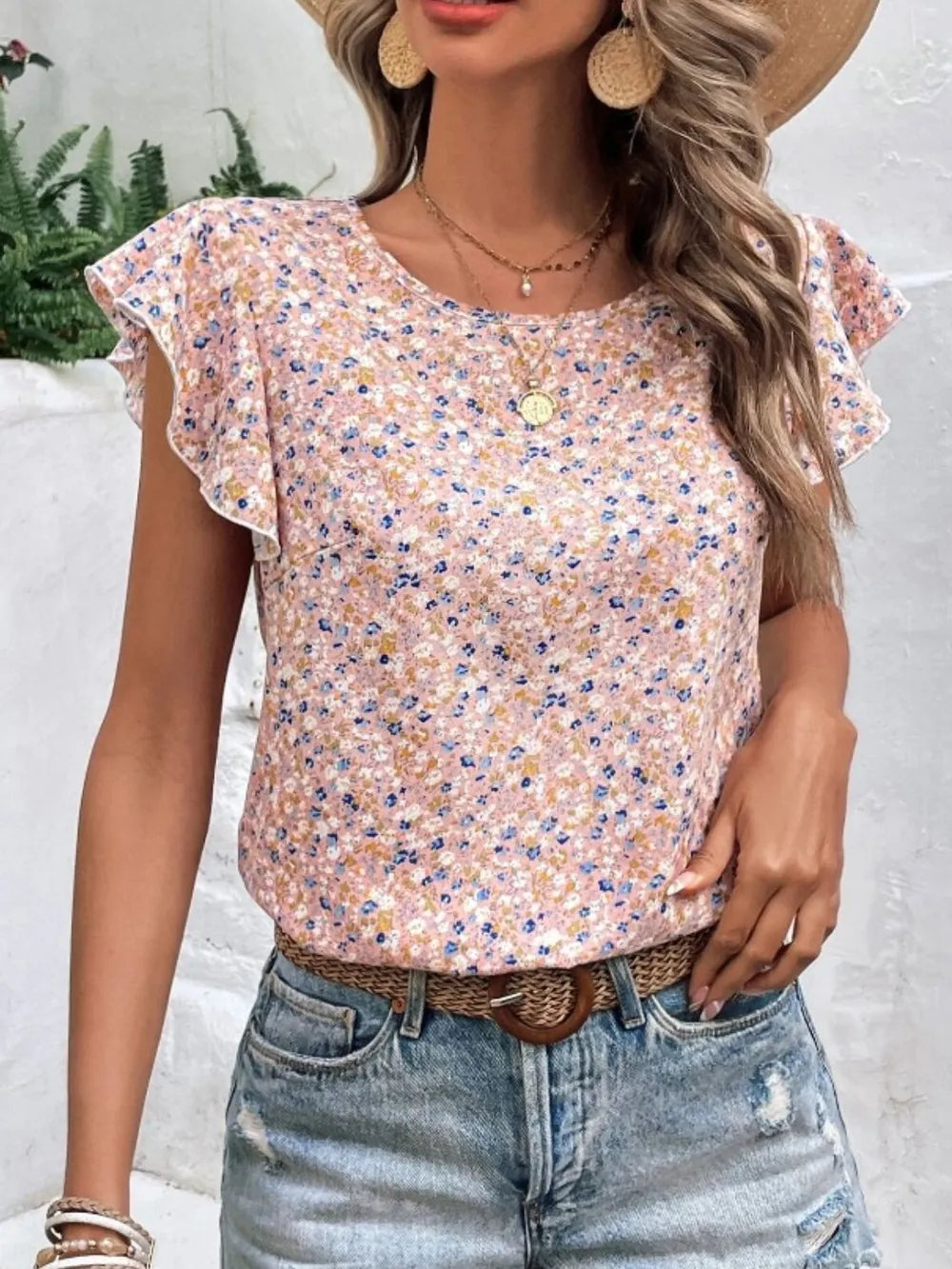 Ditsy Floral Round Neck Cap Sleeve Top - Velora Luxury Fashion