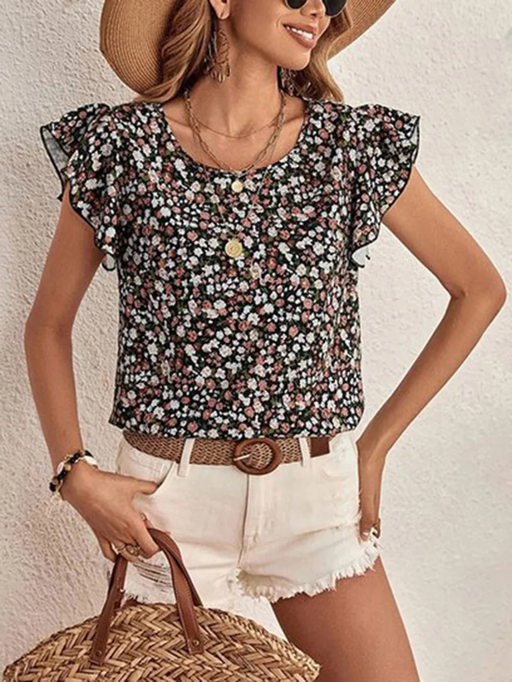 Ditsy Floral Round Neck Cap Sleeve Top - Velora Luxury Fashion