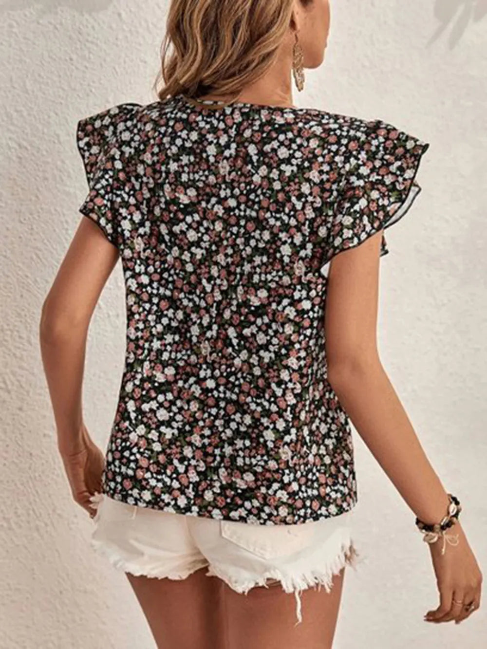 Ditsy Floral Round Neck Cap Sleeve Top - Velora Luxury Fashion