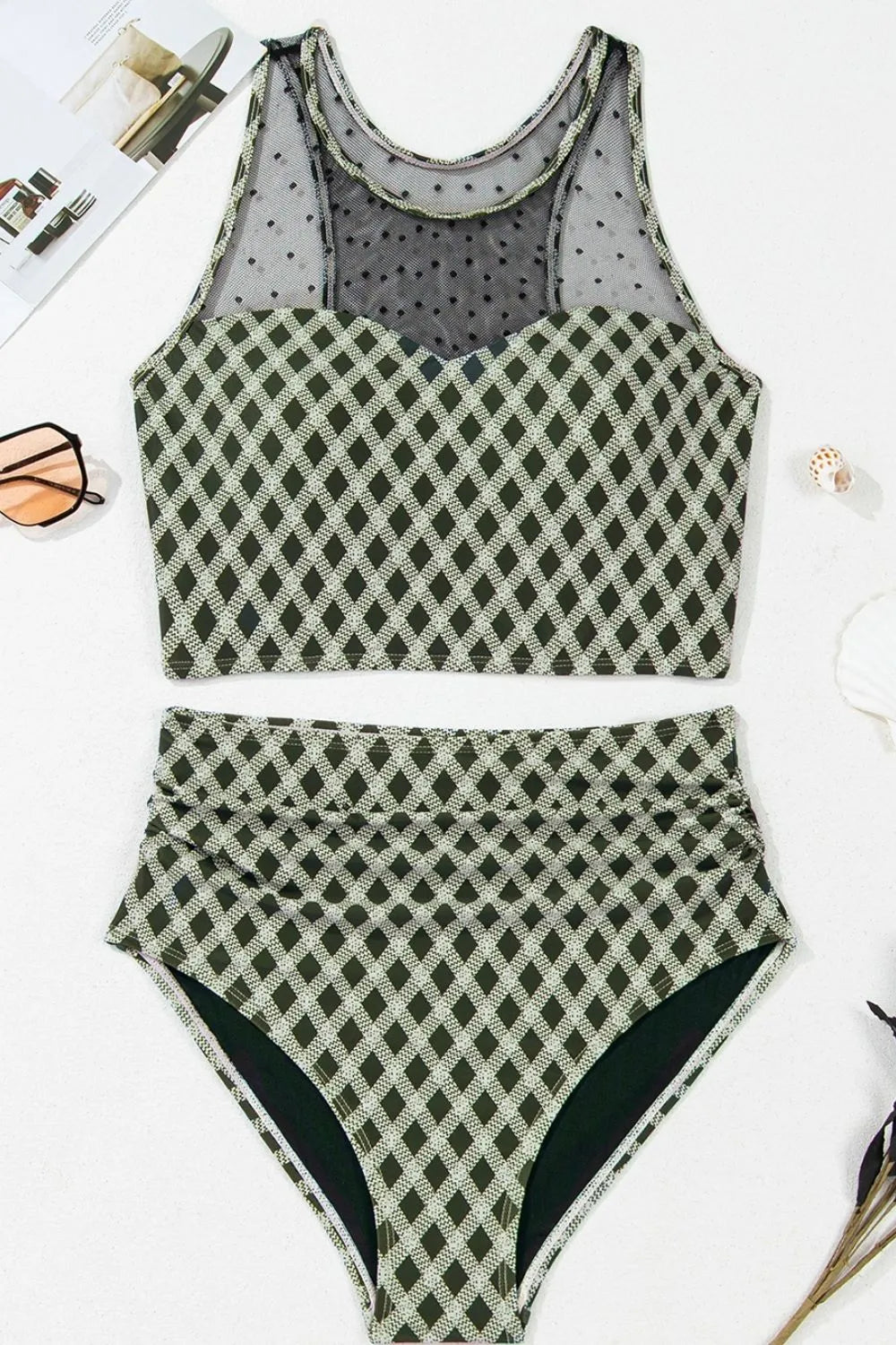 Dotted Mesh Plaid Patchwork High Waisted Swim Set - Velora Luxury Fashion