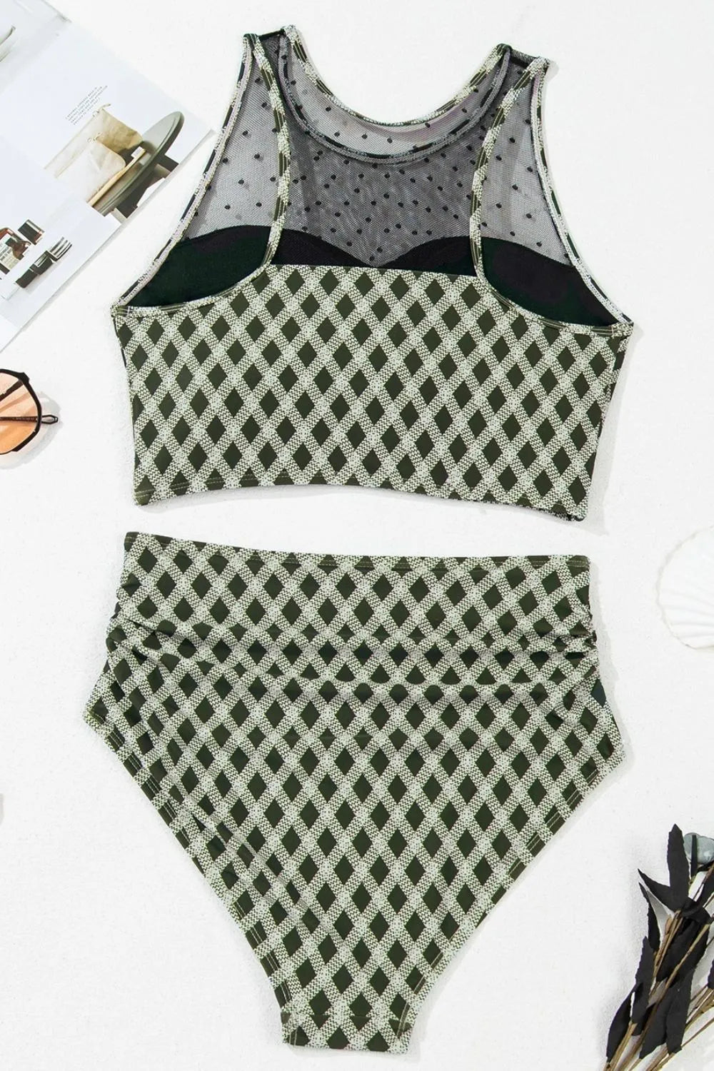 Dotted Mesh Plaid Patchwork High Waisted Swim Set - Velora Luxury Fashion