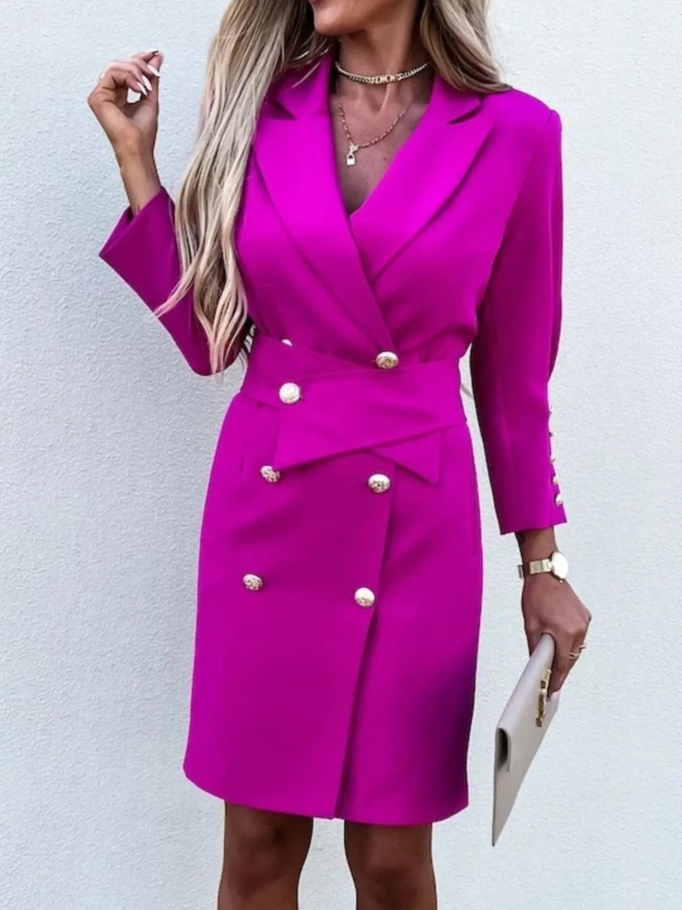 Double-Breasted Lapel Collar Longline Blazer - Velora Luxury Fashion