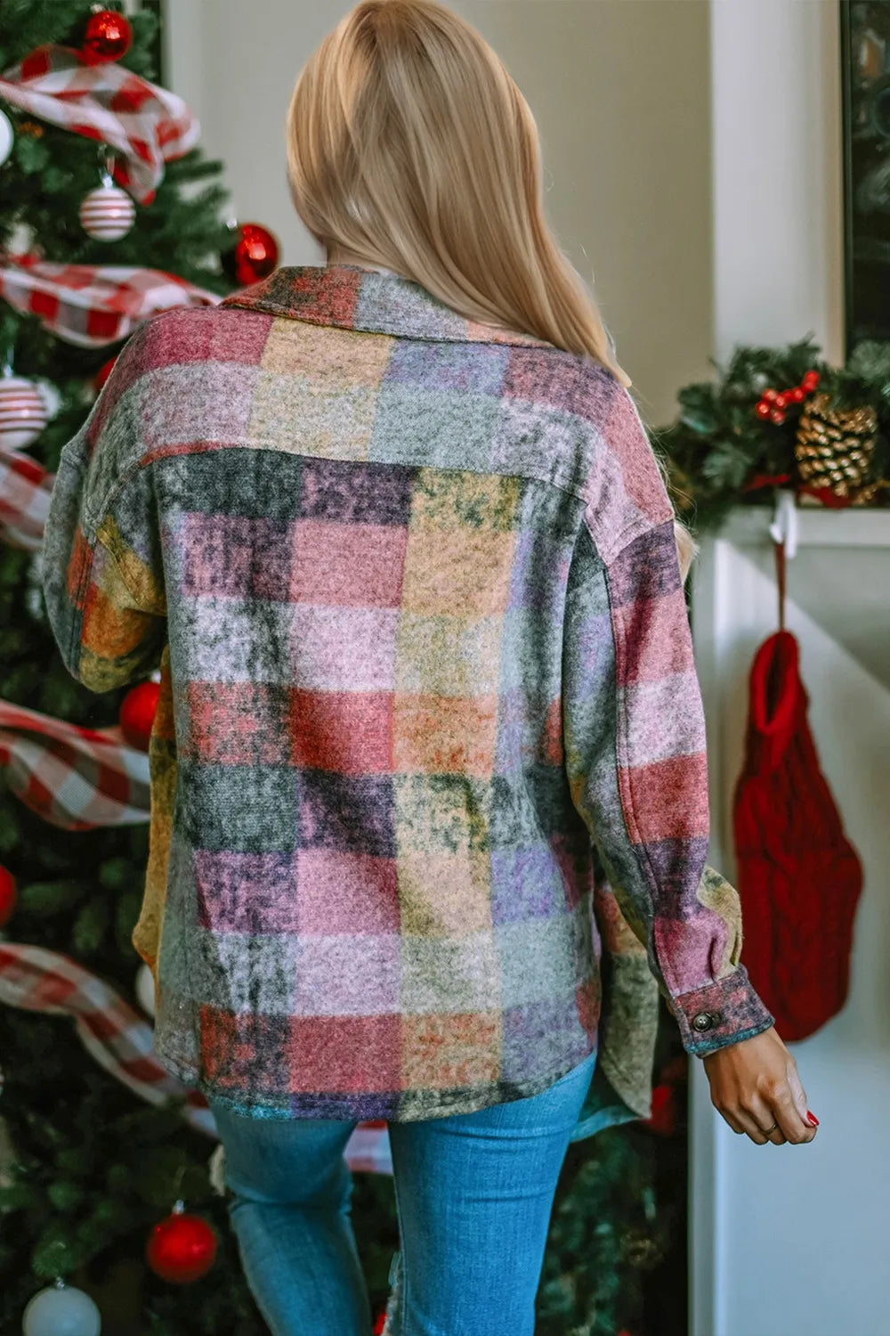 Double Take Full Size Button Up Plaid Fleece Shacket with Pockets - Velora Luxury Fashion