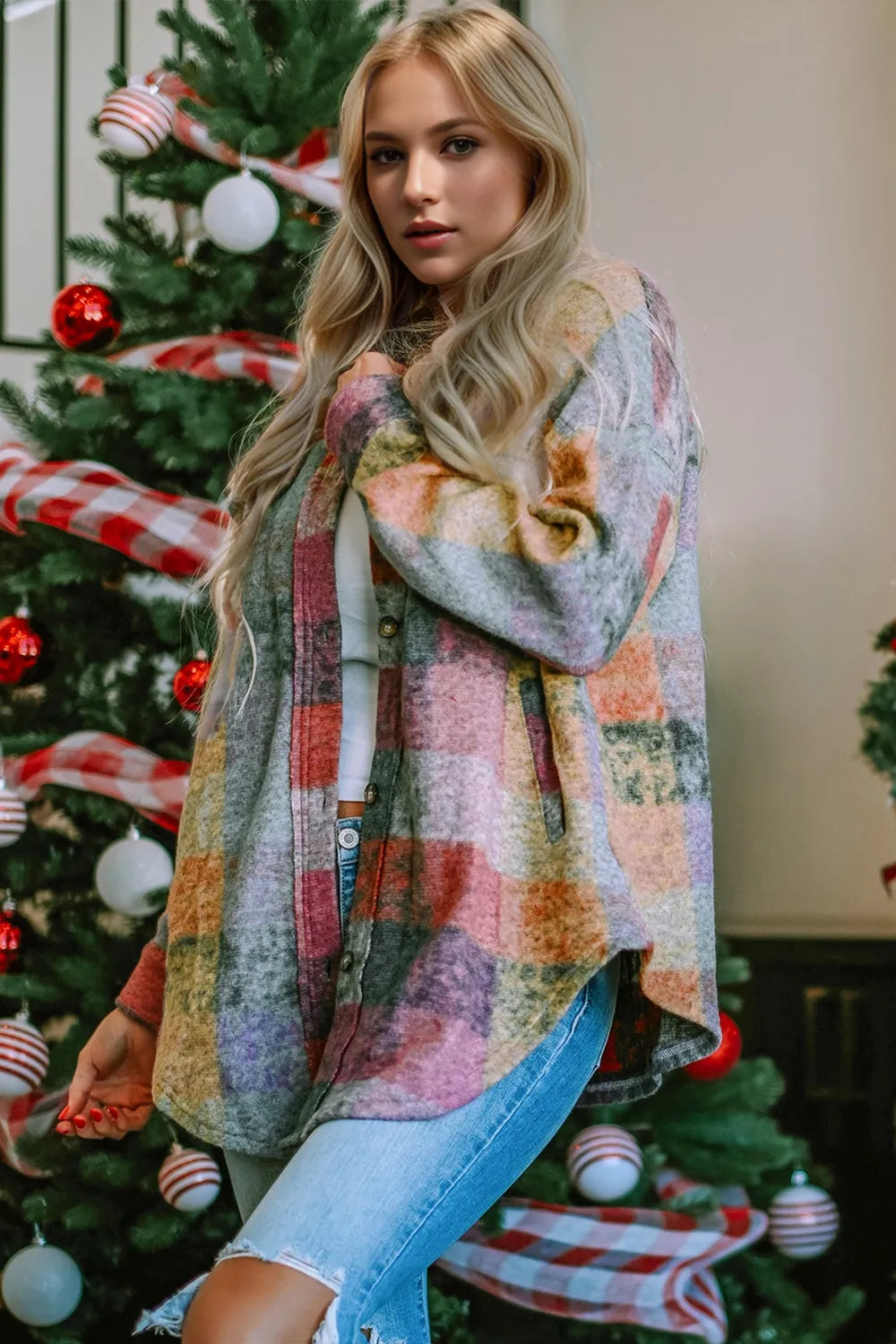 Double Take Full Size Button Up Plaid Fleece Shacket with Pockets - Velora Luxury Fashion