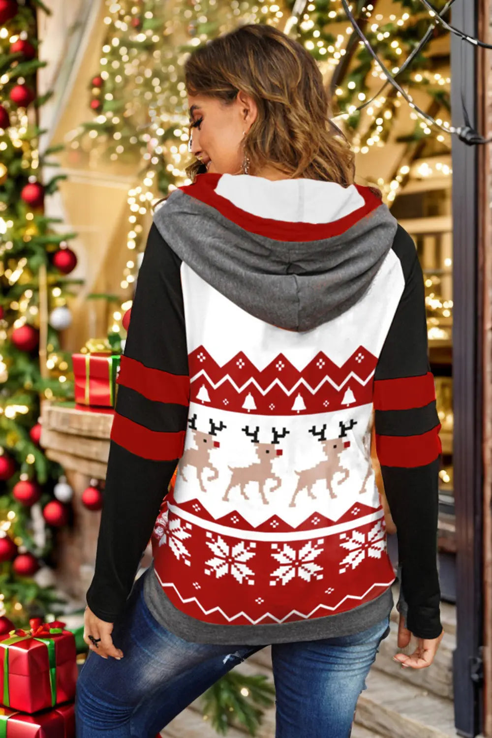 Double Take Full Size Christmas Drawstring Long Sleeve Hoodie - Velora Luxury Fashion