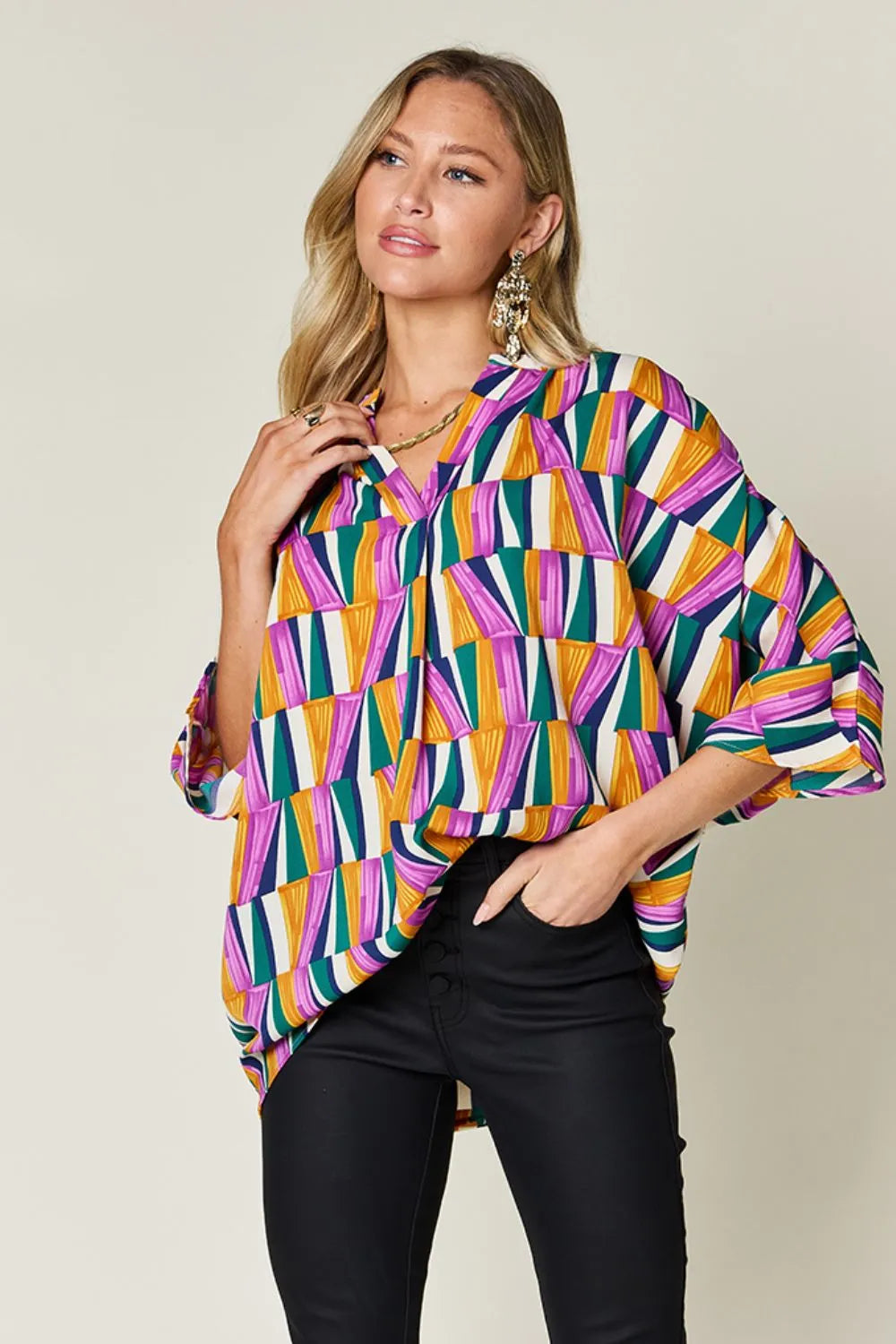 Double Take Full Size Geometric Notched Dolman Sleeve Top - Velora Luxury Fashion