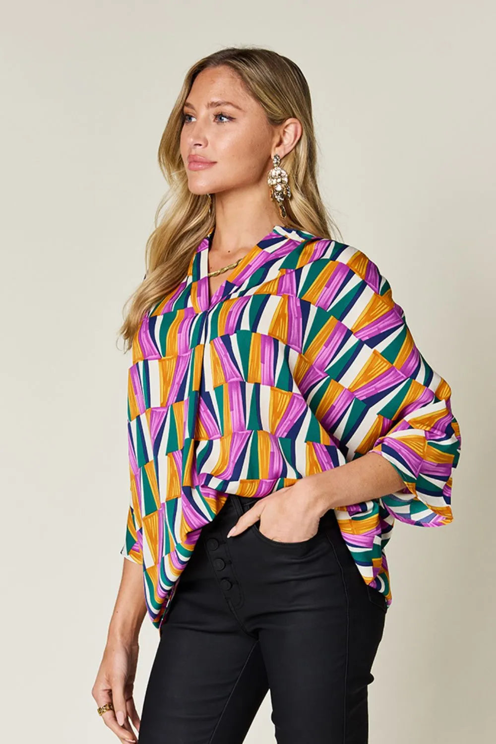 Double Take Full Size Geometric Notched Dolman Sleeve Top - Velora Luxury Fashion