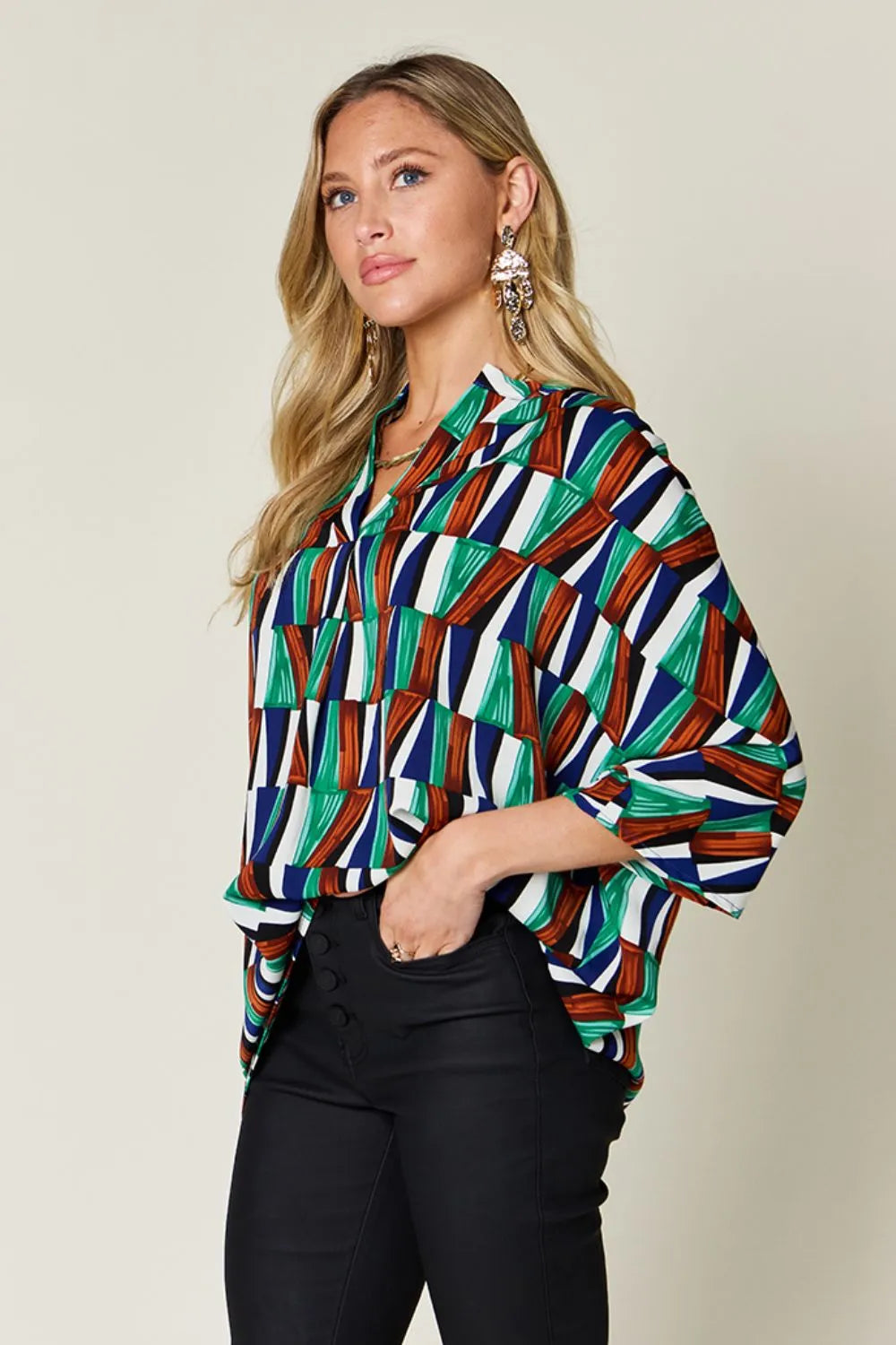 Double Take Full Size Geometric Notched Dolman Sleeve Top - Velora Luxury Fashion